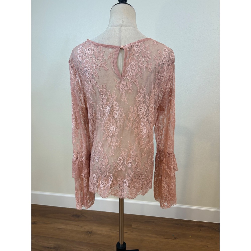 Sheer Lace Top Women L Pink Boho Whimsy Romantic Bell Sleeve Coquette Fairy - Picture 5 of 6